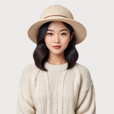 Woman in cream sweater and straw hat