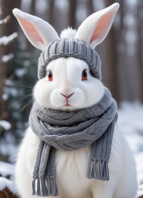 White rabbit wearing winter attire