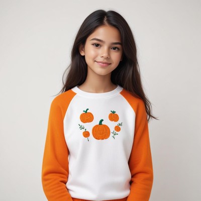 Young girl in pumpkin sweater