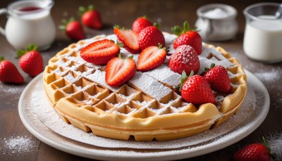 Delicious waffle topped with strawberries