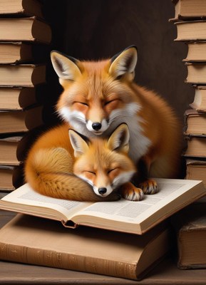 Foxes relaxing on books