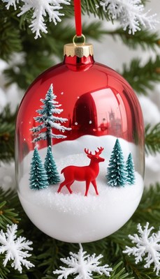 Red ornament with snowy scene