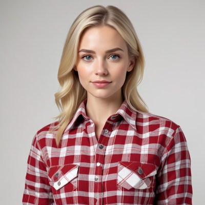 Woman in plaid shirt poses confidently