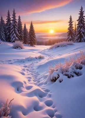 Winter sunset over snowy landscape