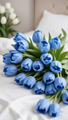Blue tulips on white bedding showcase freshness