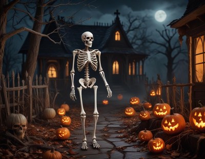 Halloween night with skeleton and pumpkins