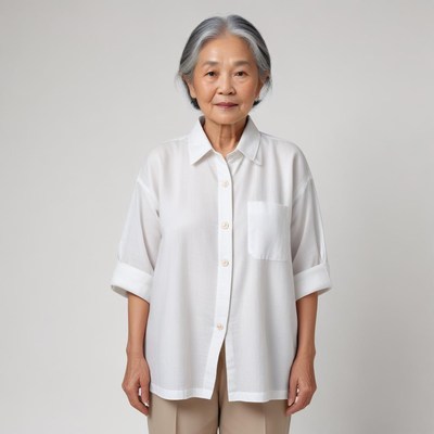 Elderly woman in white shirt
