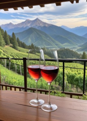 Relaxing with wine in mountain vineyard