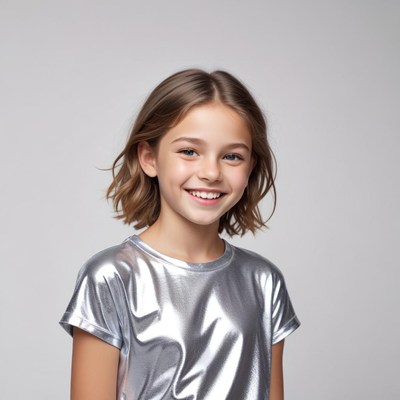 Girl smiling in shiny silver shirt