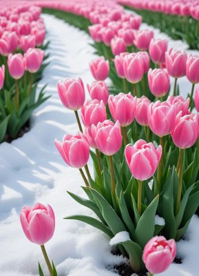 Pink tulips blooming in snow