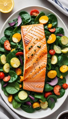 Fresh salmon salad with vibrant greens