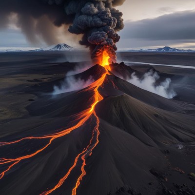 Erupting volcano with flowing lava