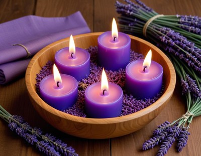 Purple candles and lavender arrangement