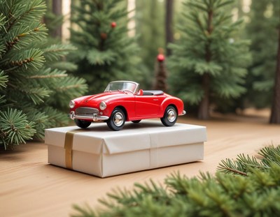 Red toy car on gift box