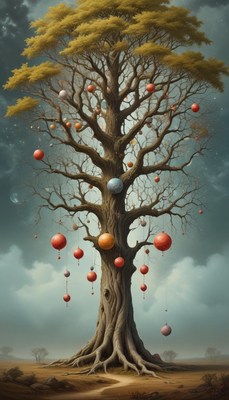 Tree adorned with hanging ornaments