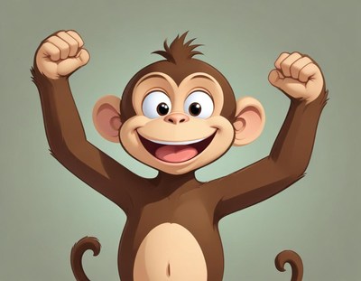Cheerful cartoon monkey raising hands