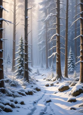 Snowy forest trail in winter light