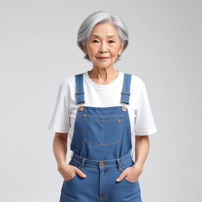 Elderly woman in blue overalls