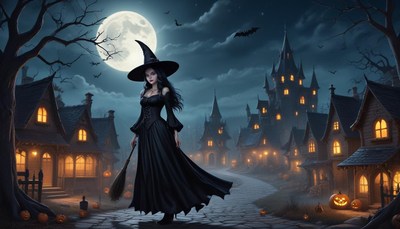 Witch walks through spooky village