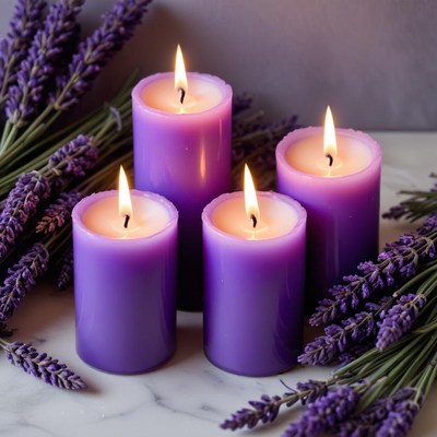 Purple candles with lavender sprigs