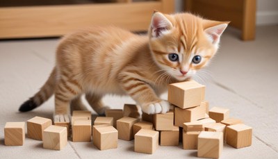 Playful kitten with wooden blocks