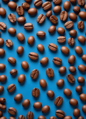 Brown coffee beans on blue background