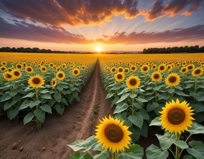 Sunflower field at sunset glow