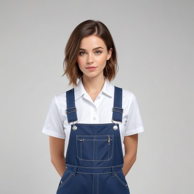 Young woman in blue overalls