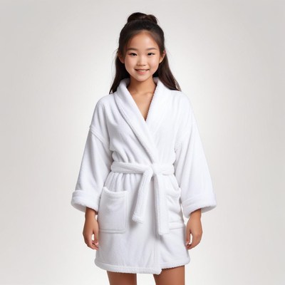 Smiling girl in cozy white robe