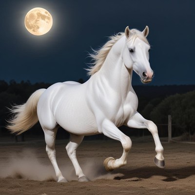 White horse running under full moon