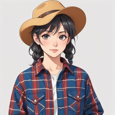 Young woman in plaid shirt and hat