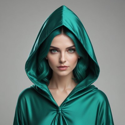Mystical woman in vibrant hooded cloak