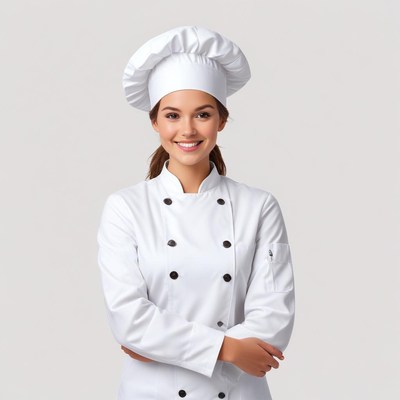 Cheerful chef in white uniform
