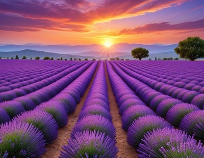 Sunset over blooming lavender fields