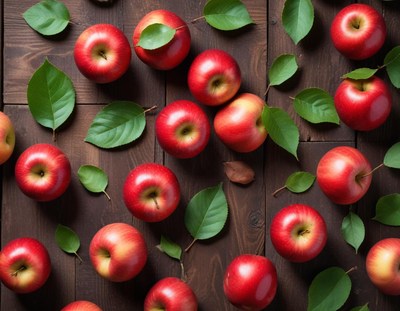 Fresh red apples on wooden surface
