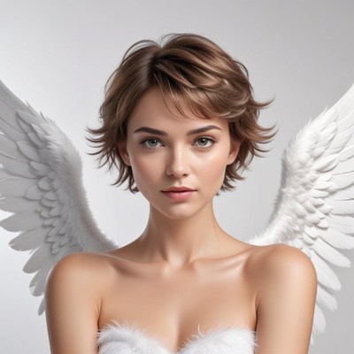 Model with angel wings and short hair