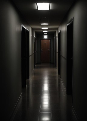 Dark corridor with doors at night