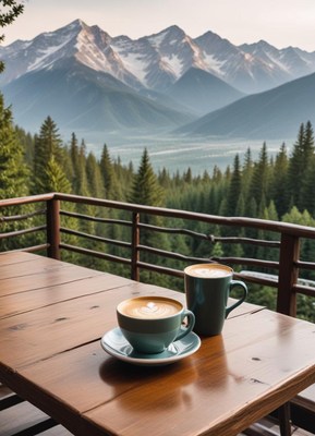 Coffee and mountains at sunrise