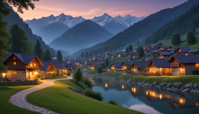 Mountain village at twilight near water
