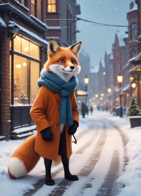 Fox character walks in snowy town