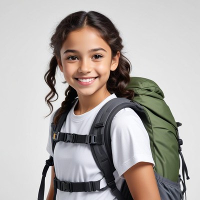 Young girl with backpack smiling warmly