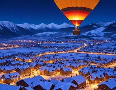 Hot air balloon over snowy town