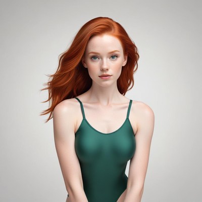 Red-haired woman in green swimsuit