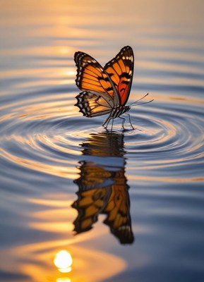 Butterfly on water surface at sunset