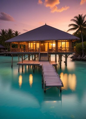 Sunset at a tropical overwater bungalow