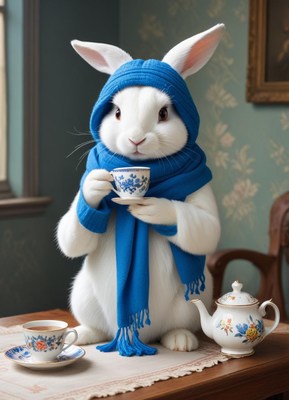 Cute rabbit enjoying tea time