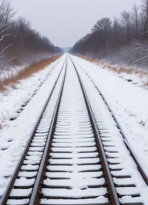 Snow-covered railway tracks in winter