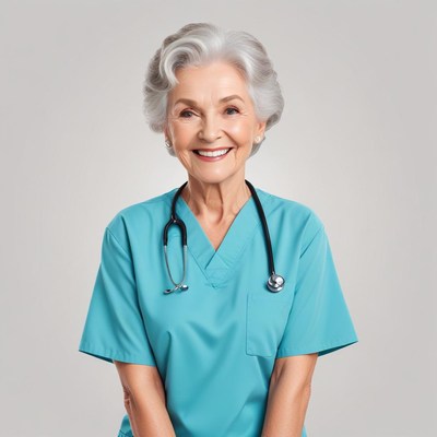Caring female nurse smiles warmly