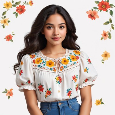 Woman in colorful floral blouse