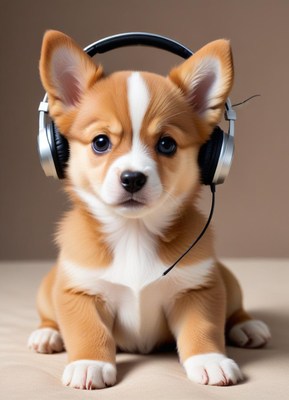 Corgi puppy wearing headphones